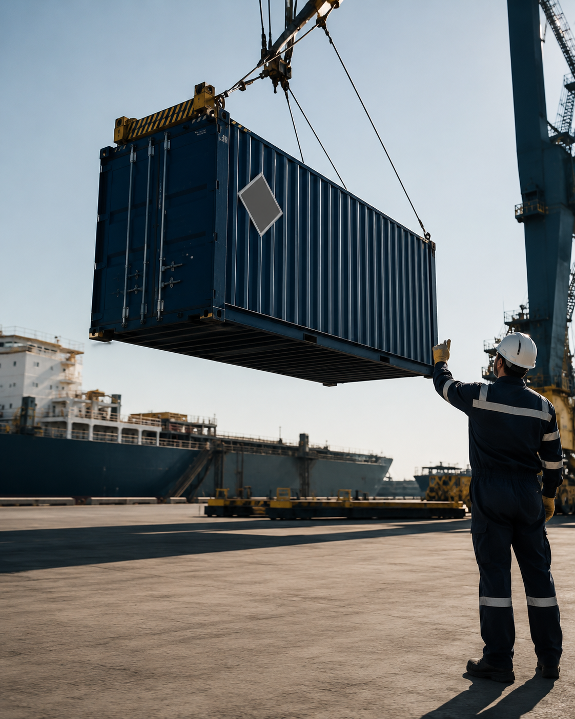 A port logistics worker in safety gear signals as a blue shipping container with a hazard placard diamond is lifted by a crane near a cargo vessel.