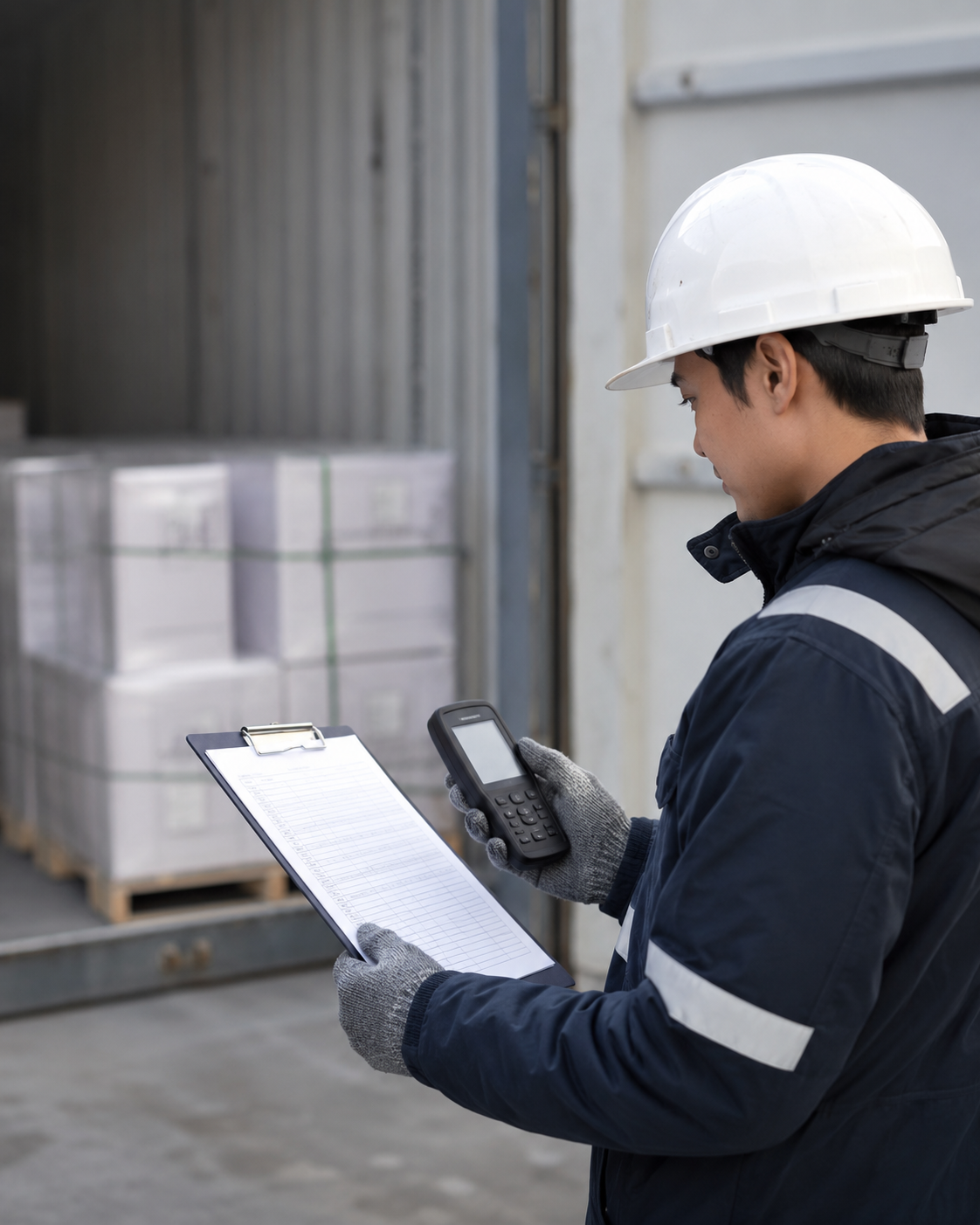 A logistics inspector wearing a white hard hat holds a clipboard and handheld scanner while inspecting palletized cargo inside an open shipping container.