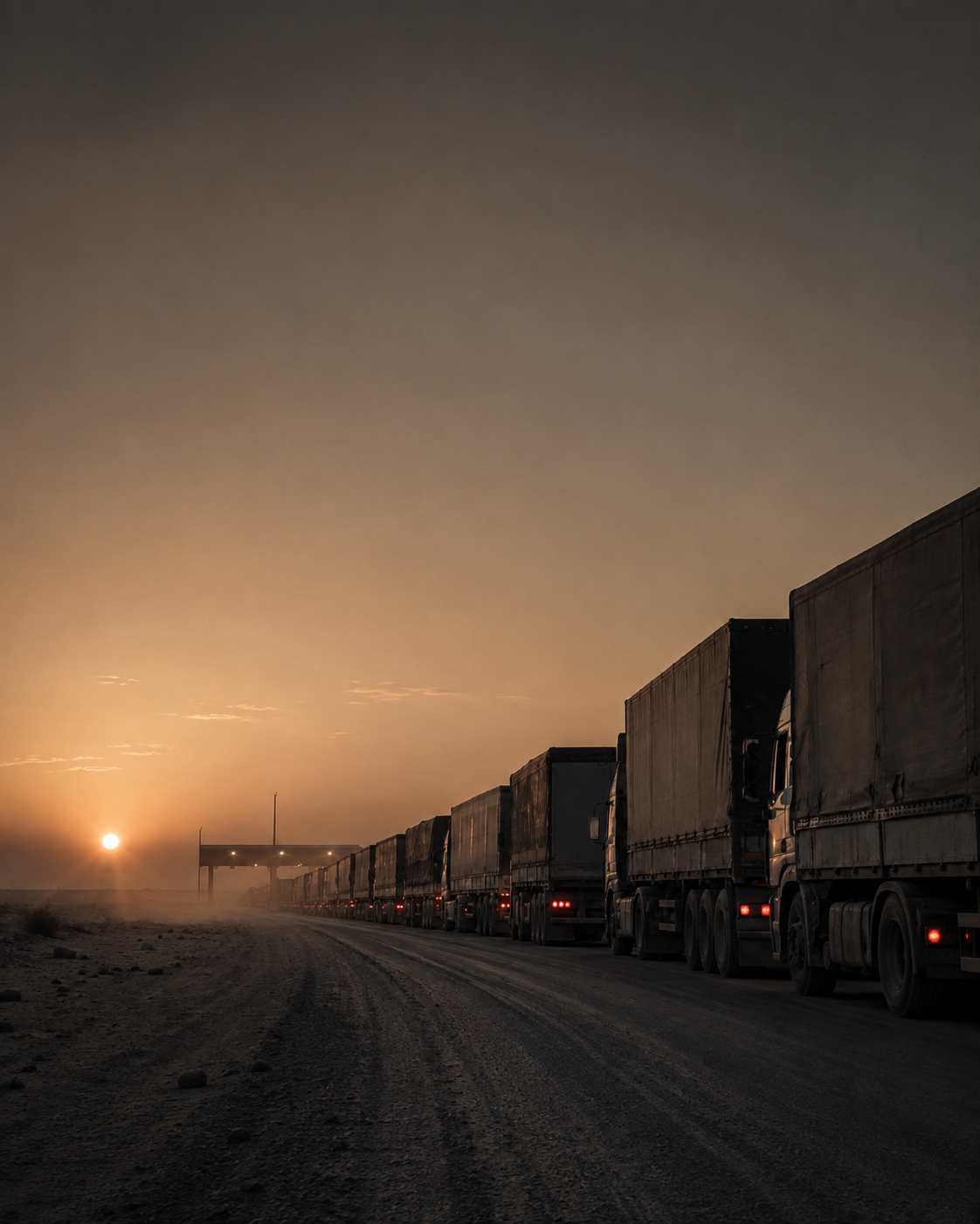 A long line of heavy freight trucks lined up at a desert border checkpoint or toll gate during sunset.