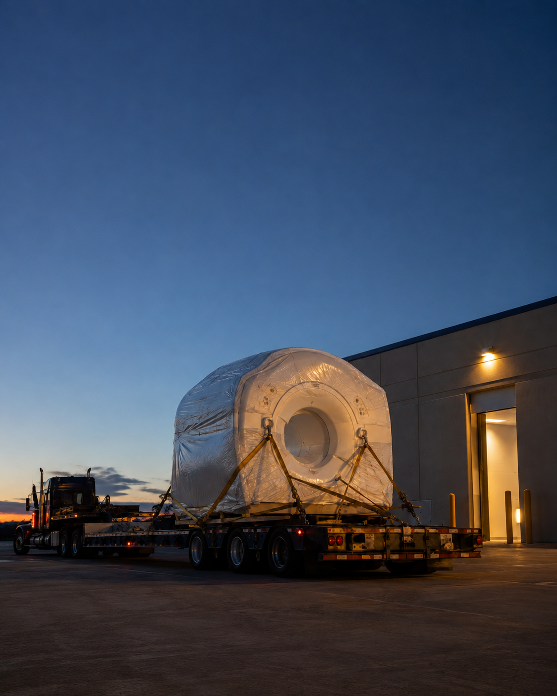 A large piece of plastic-wrapped heavy machinery secured onto a flatbed trailer outside a logistics warehouse at dusk.
