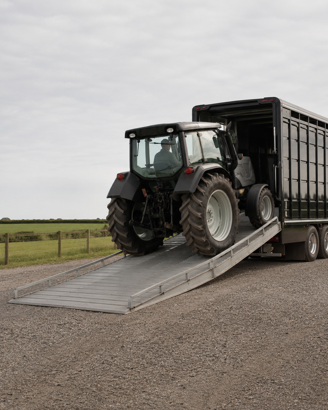 A black agricultural tractor being driven up a metal ramp into an enclosed machinery transport trailer.