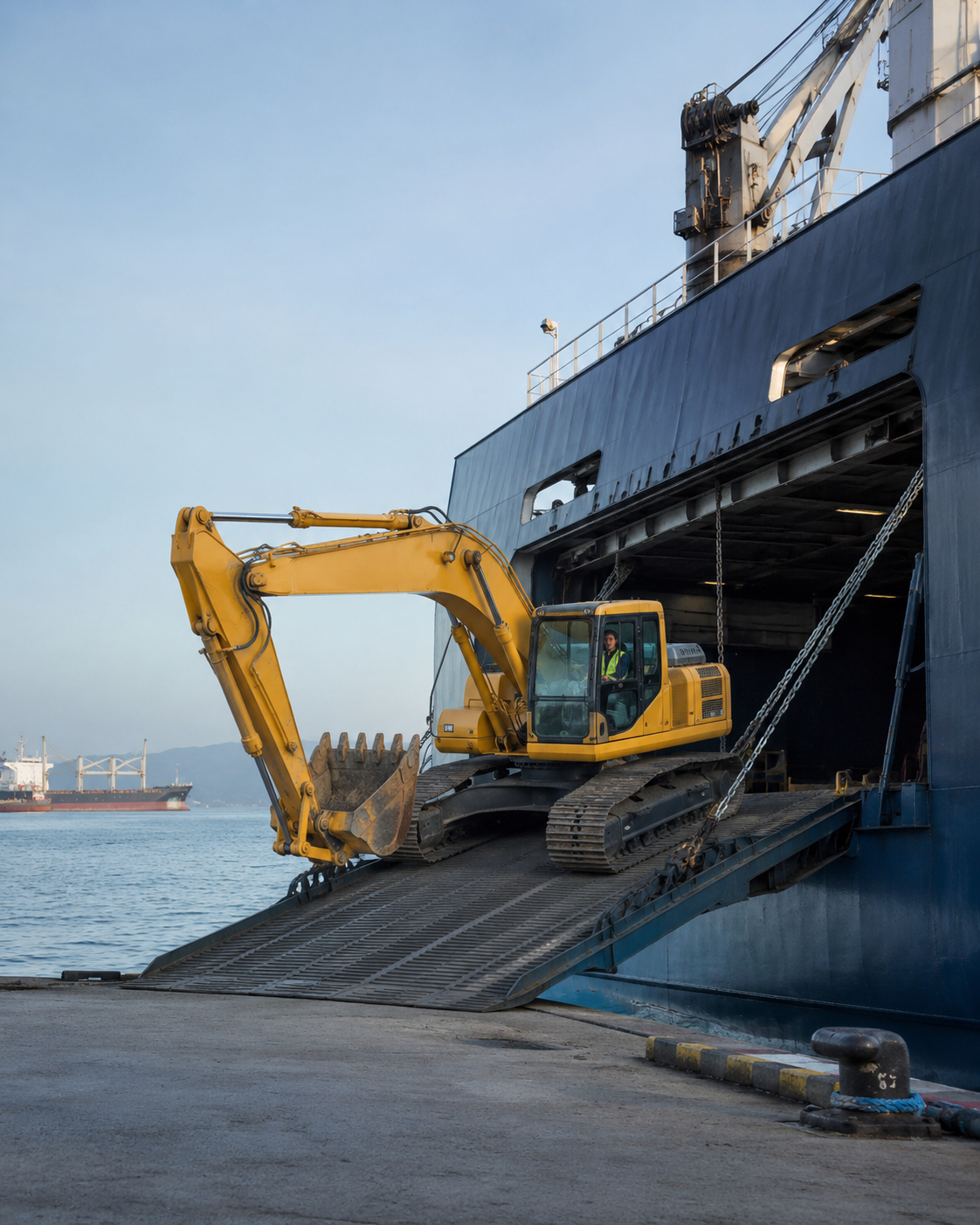 A yellow excavator driving down the ramp of a Roll-on/Roll-off (RoRo) cargo vessel onto the port quay.