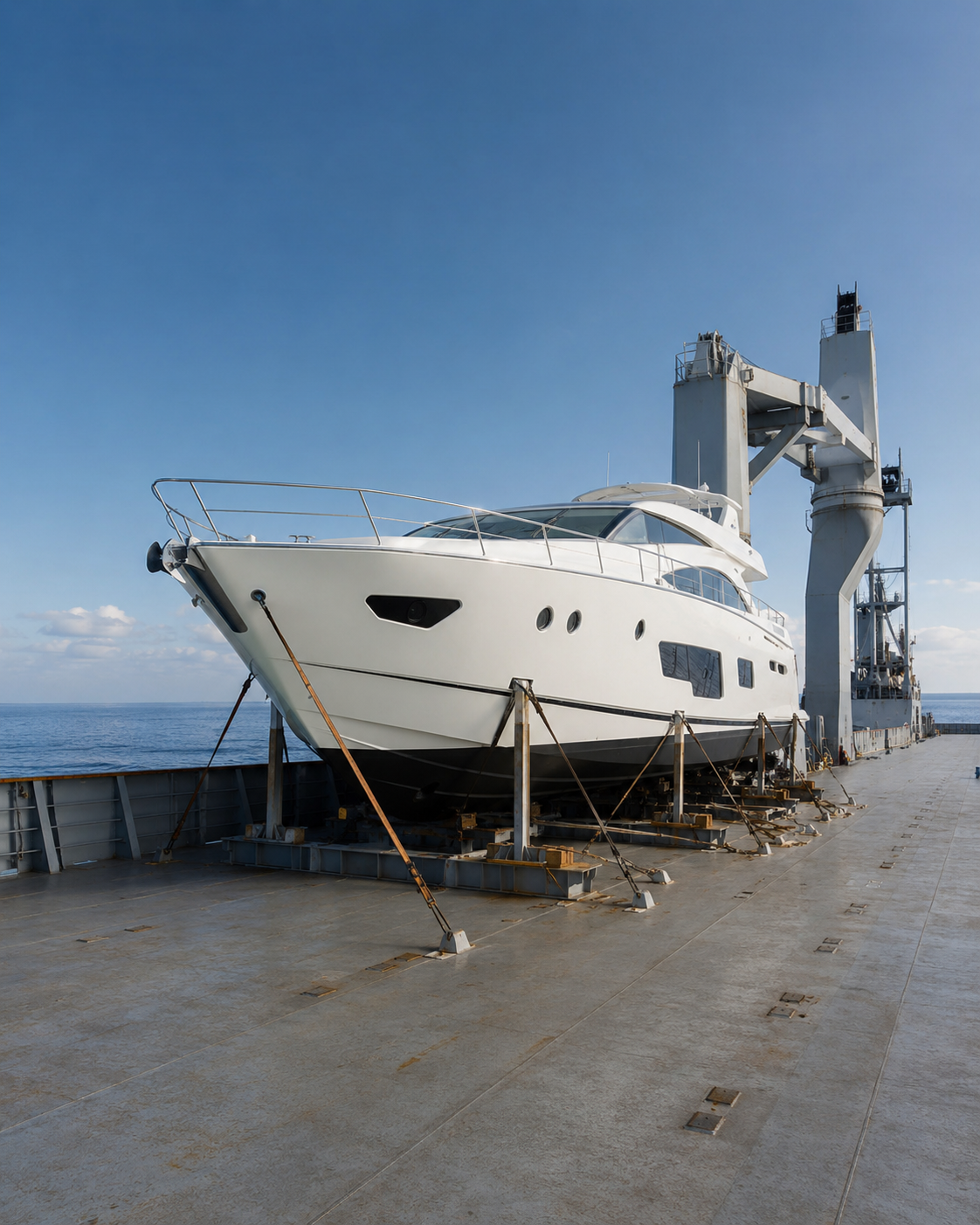 A luxury yacht secured on a custom cradle on the deck of a cargo ship for breakbulk transport.