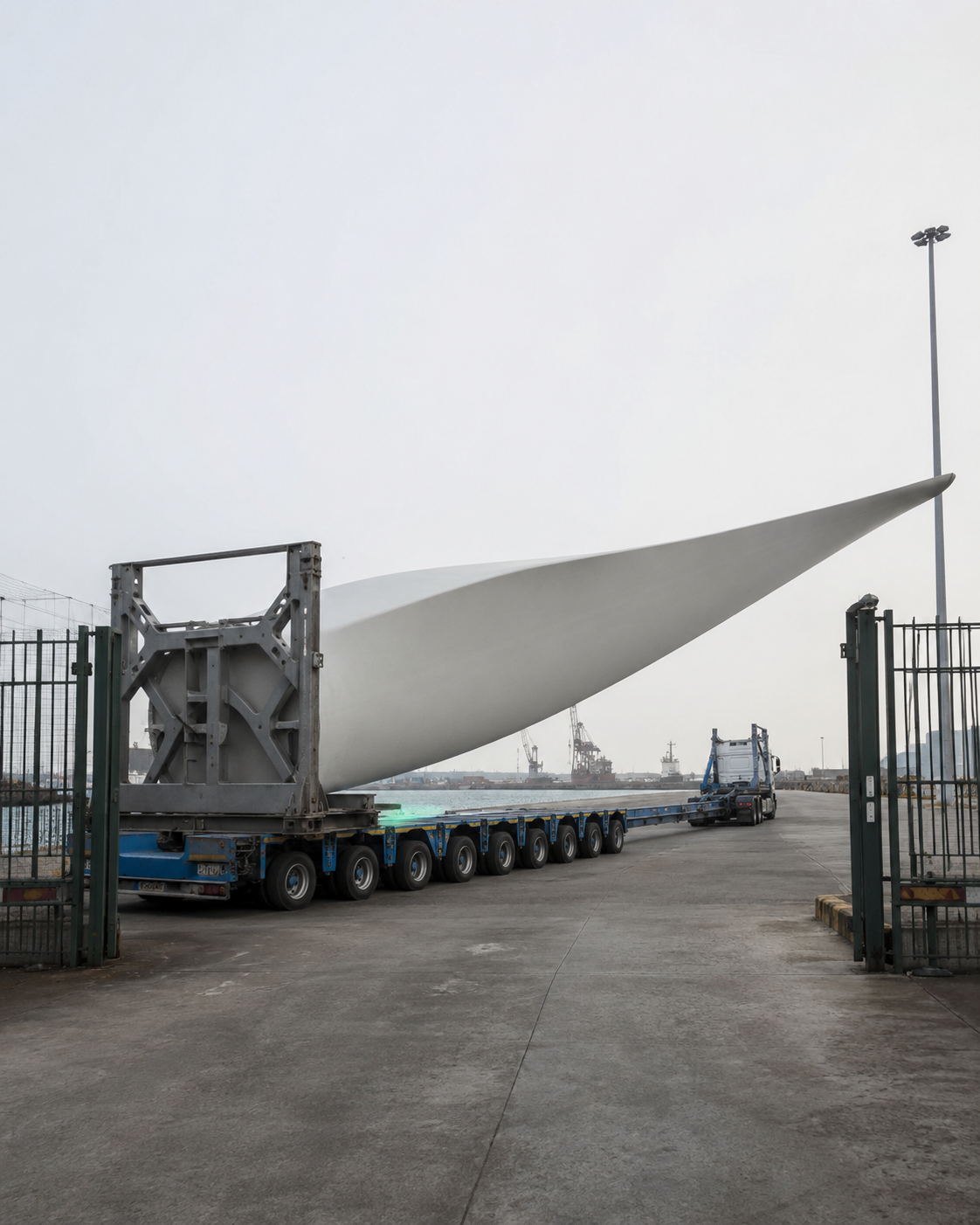 A heavy haulage truck transporting a massive wind turbine blade on a multi-axle trailer through a port entrance.
