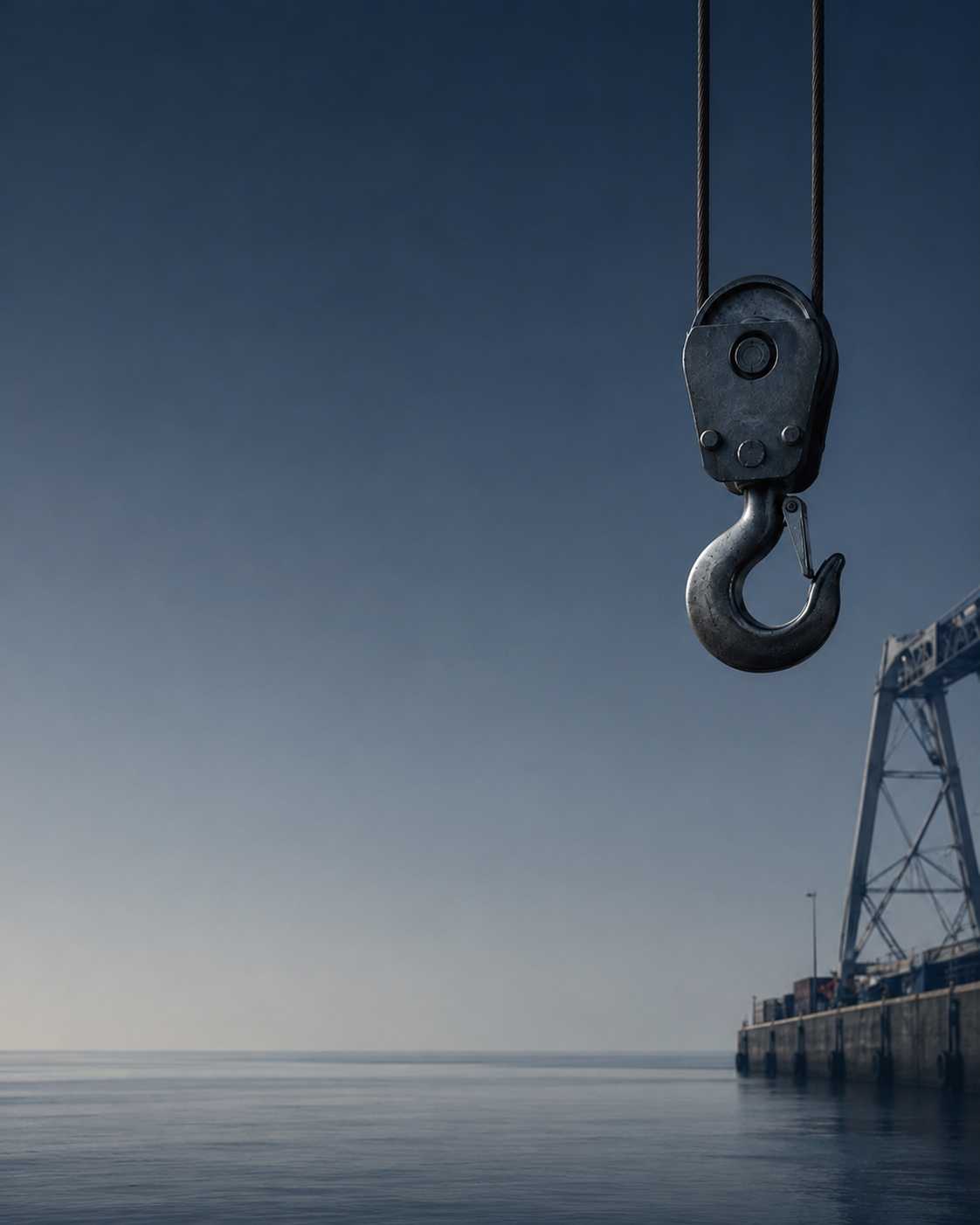 A heavy-duty industrial crane hook suspended above a port terminal pier at sunrise or blue hour.