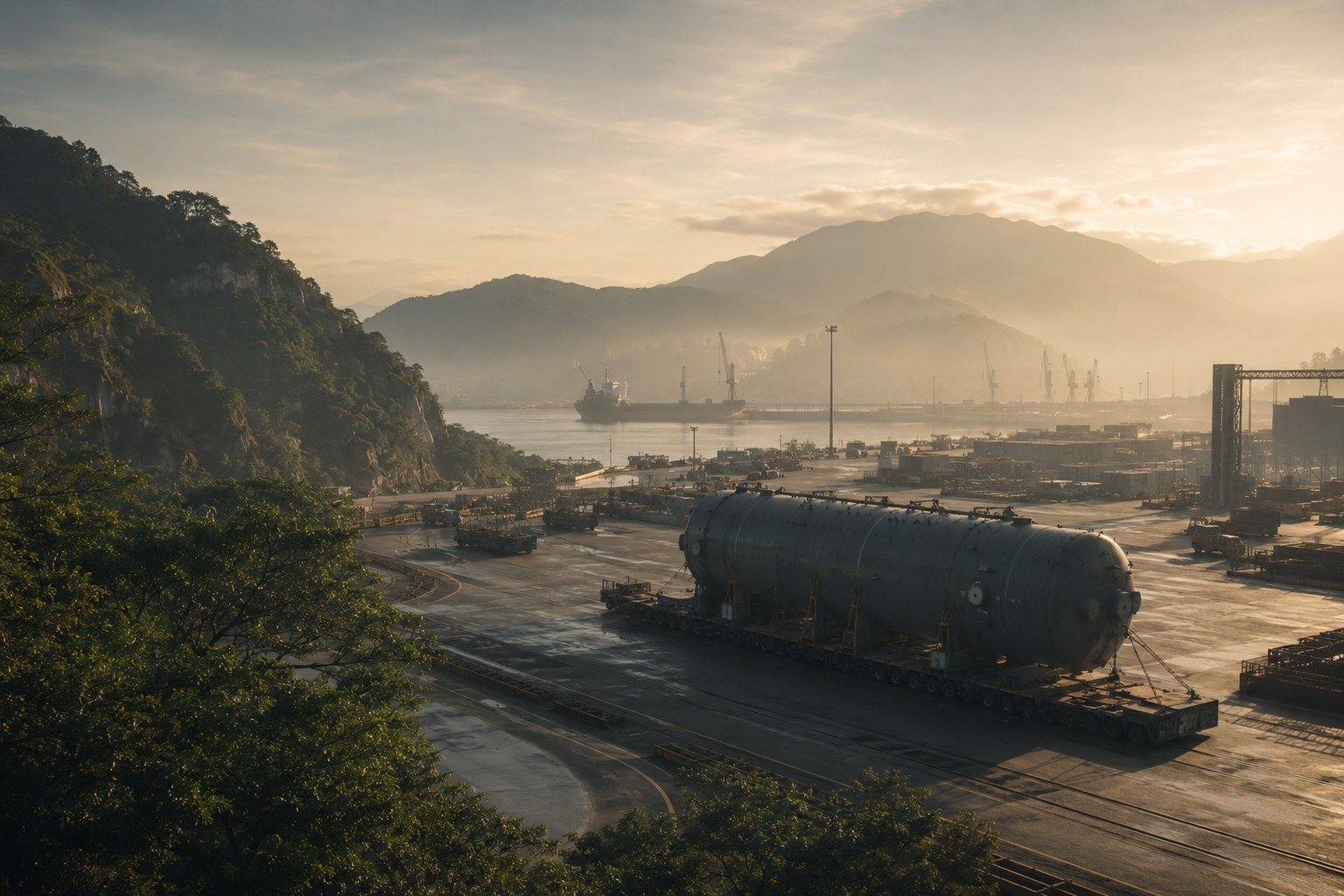 A massive industrial pressure vessel mounted on a multi-axle heavy transport trailer at a coastal port yard with mountains and cargo ships in the background.