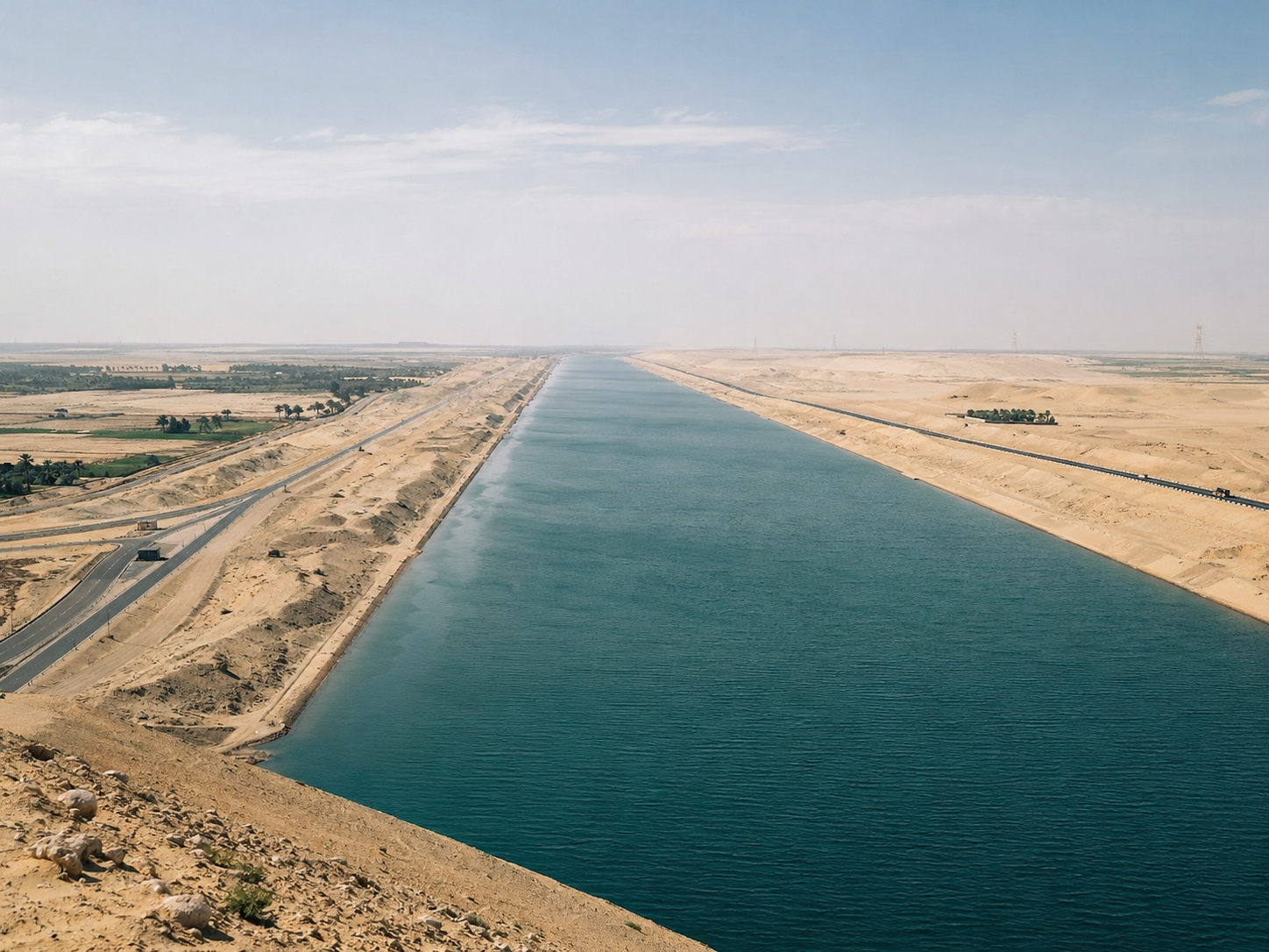 An aerial photograph of a major shipping canal cutting through a vast desert landscape.