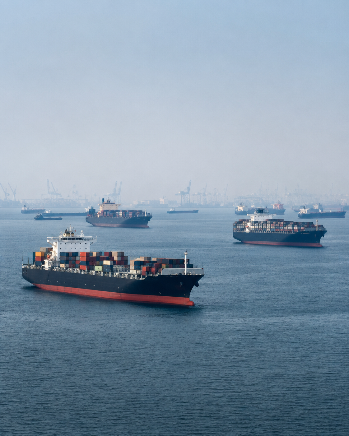 Multiple container cargo vessels loaded with freight navigating open waters near a busy port coastline.