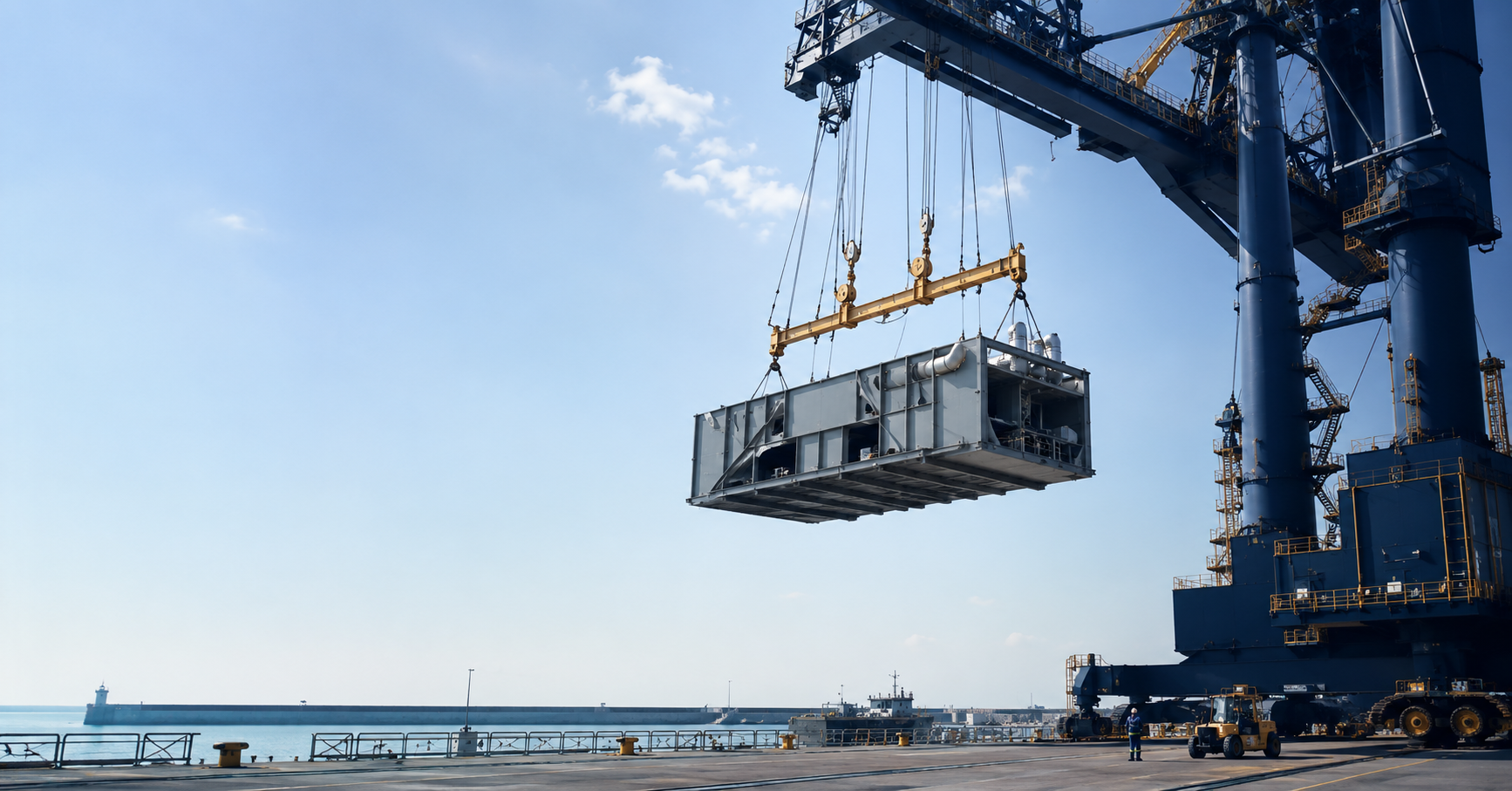 A massive harbor crane lifts a heavy industrial module using a specialized spreader beam at a deepwater port terminal.