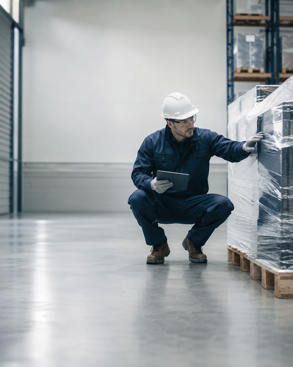 A warehouse worker wearing safety gear crouching with a digital tablet to inspect shrink-wrapped goods on a pallet.
