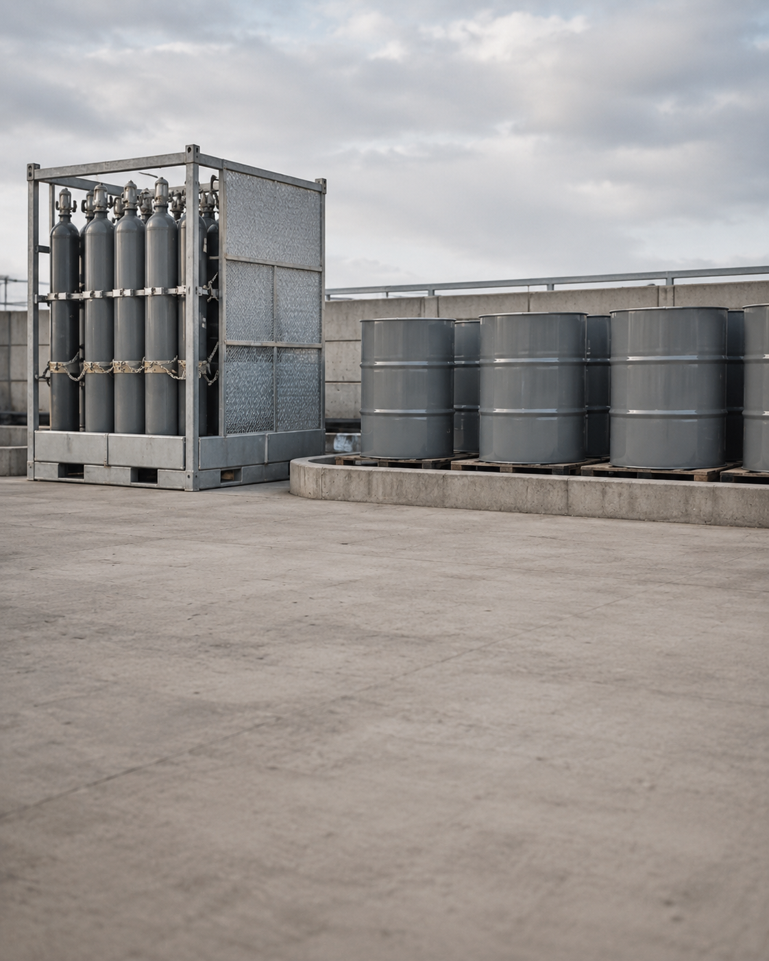A metal rack containing industrial gas cylinders alongside grey chemical drums stored on an outdoor concrete pad.