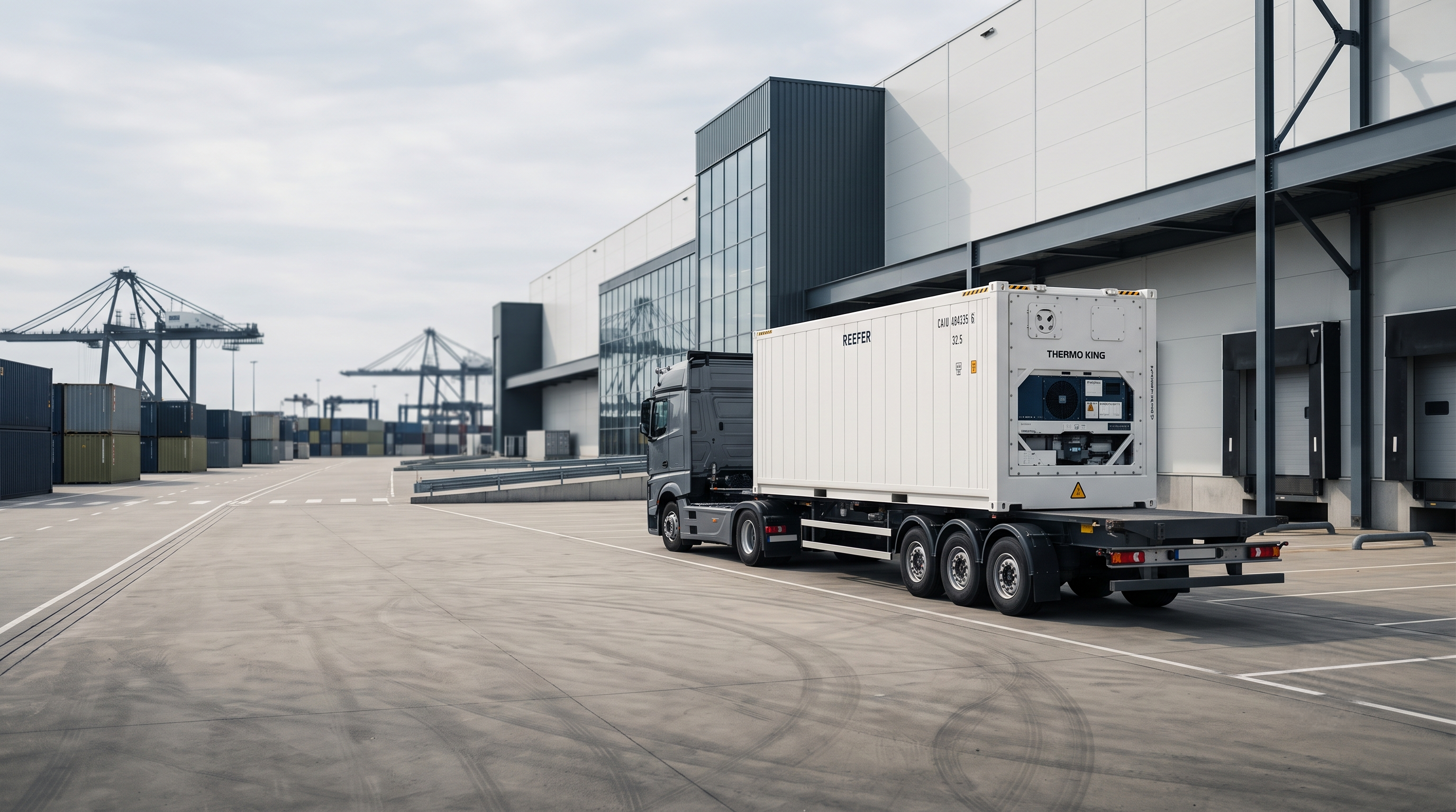 A semi-truck carrying a refrigerated container parked outside a modern logistics warehouse near a port container terminal.