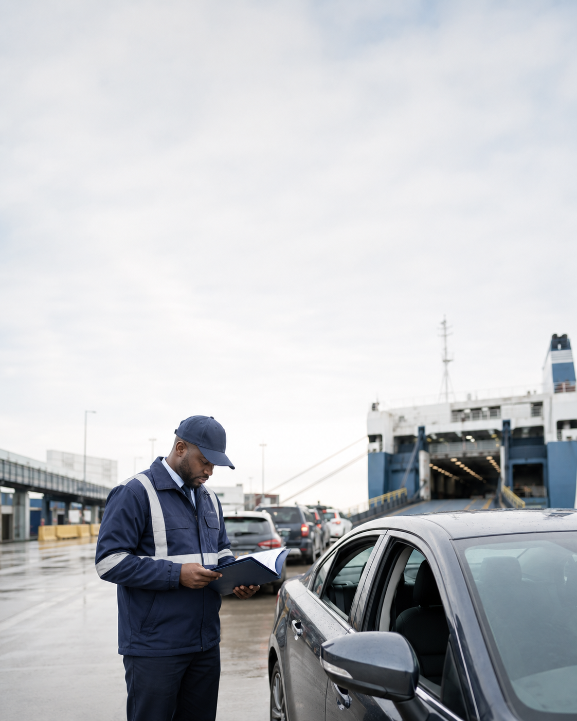 A logistics officer inspects documentation next to a line of vehicles queued for loading onto a RoRo vessel.