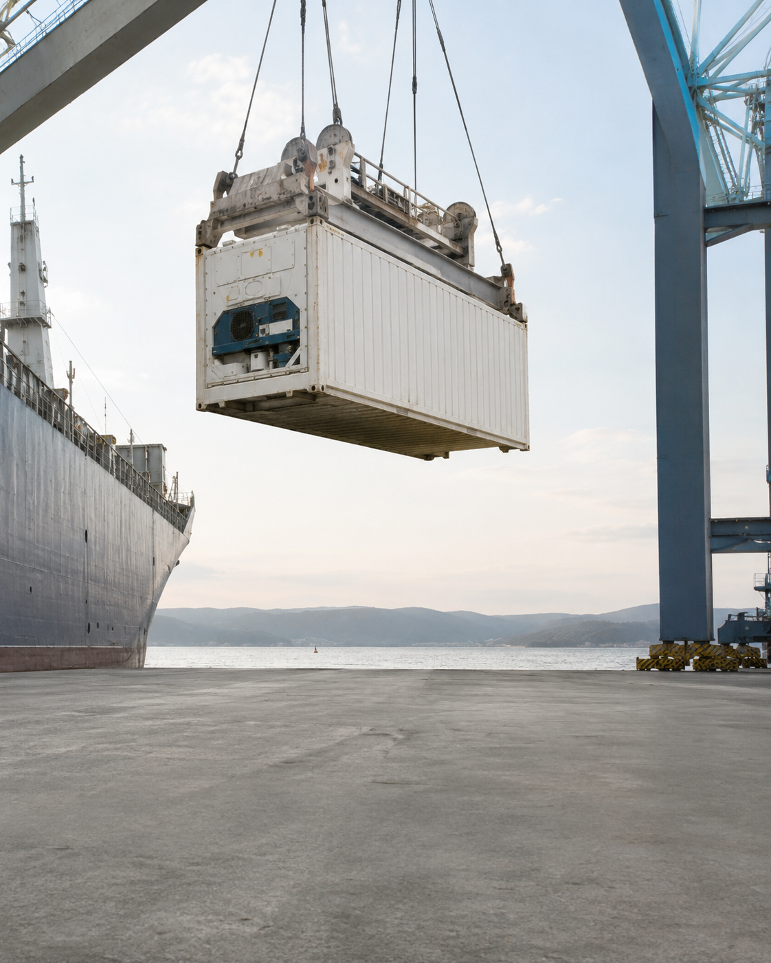 A port crane lifting a white refrigerated container from a cargo ship at a maritime freight terminal.