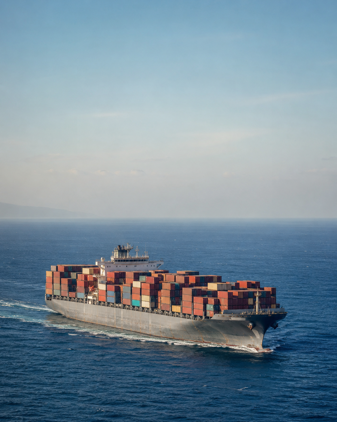 A large container ship loaded with cargo containers navigating through open ocean waters.