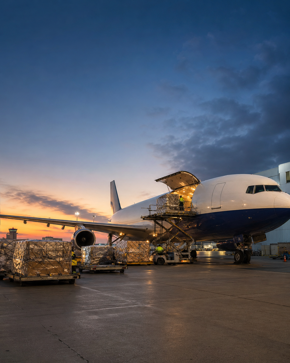 A large cargo airplane being loaded with palletized freight on an airport tarmac at dusk.