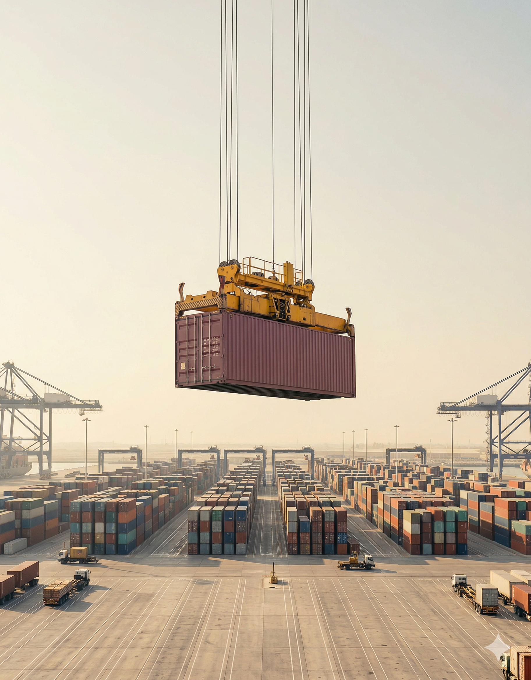 A port crane spreader hoists a reddish shipping container high above a vast container terminal terminal filled with neatly stacked freight containers and trucks.