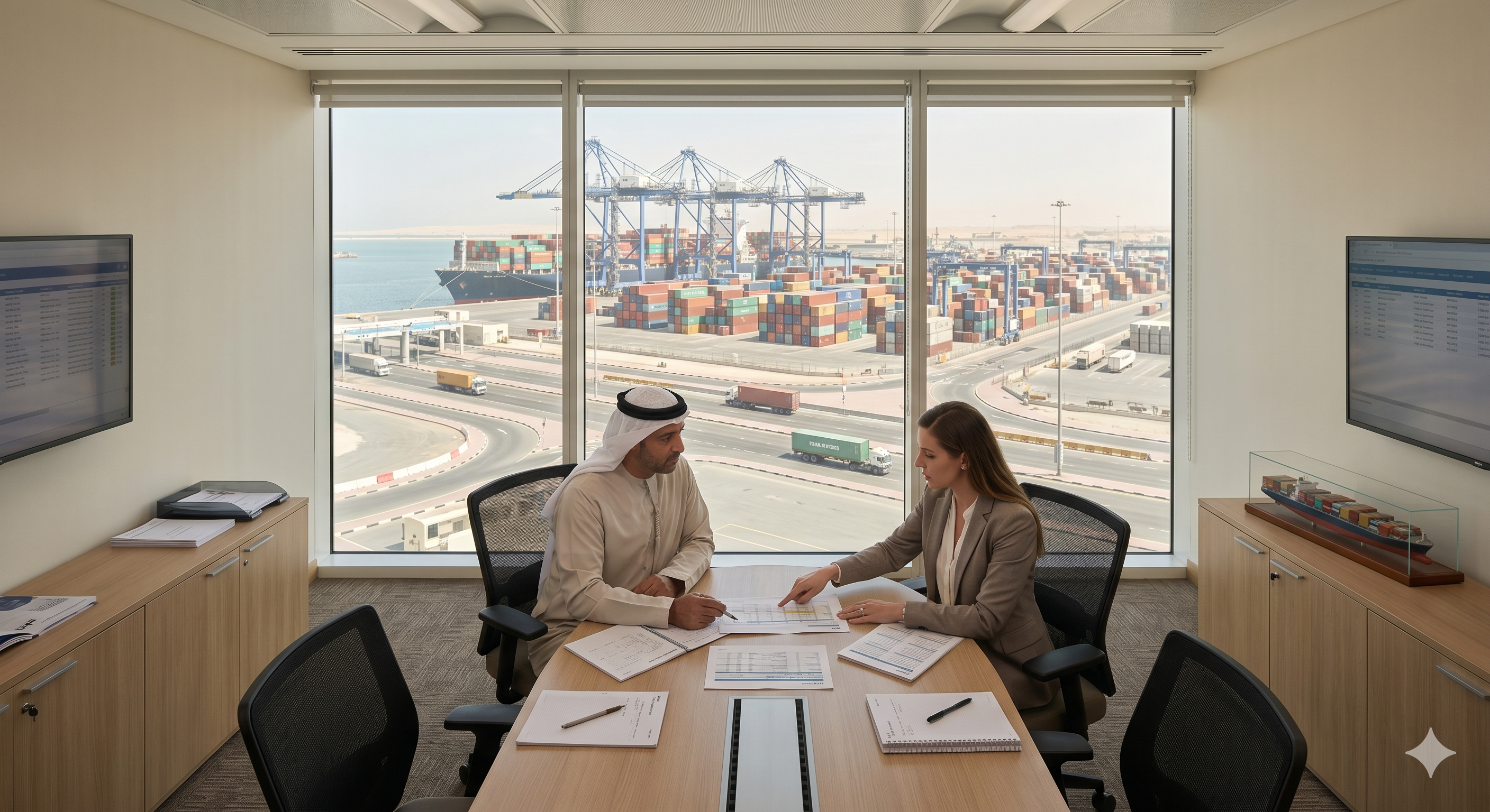 An Emirati business executive and a corporate professional reviewing trade documents in an office overlooking a major container port terminal.