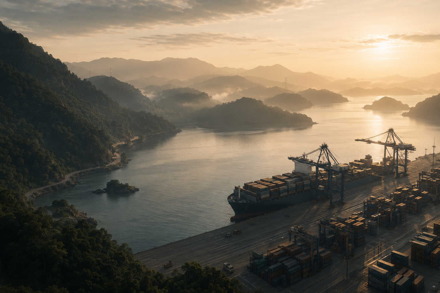 Aerial view of a large container ship docked at a coastal port terminal next to lush mountains during sunrise.
