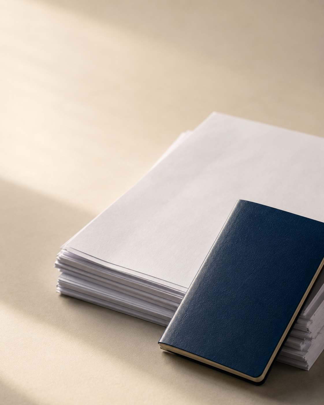 A stack of printed white paper documents next to a dark blue notebook resting on a beige surface in natural light.