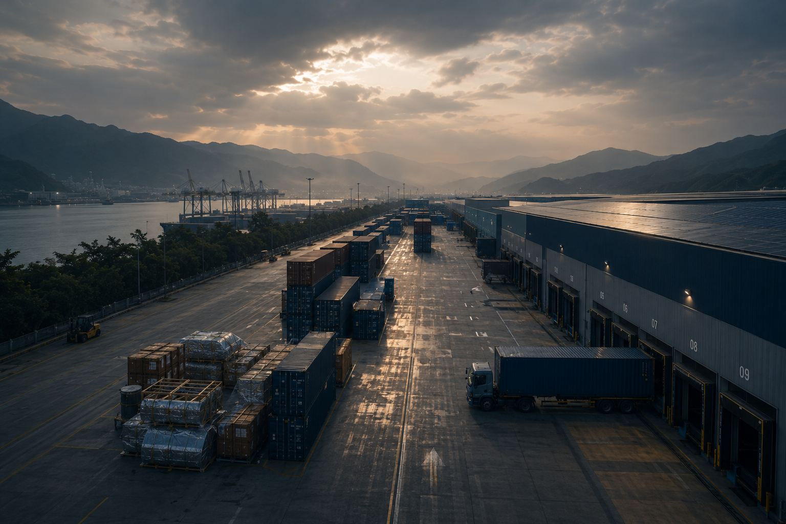 An expansive logistics terminal and warehouse facility with shipping containers, a parked truck at a loading bay, and port cranes against a mountainous coastline under dramatic sunlight.