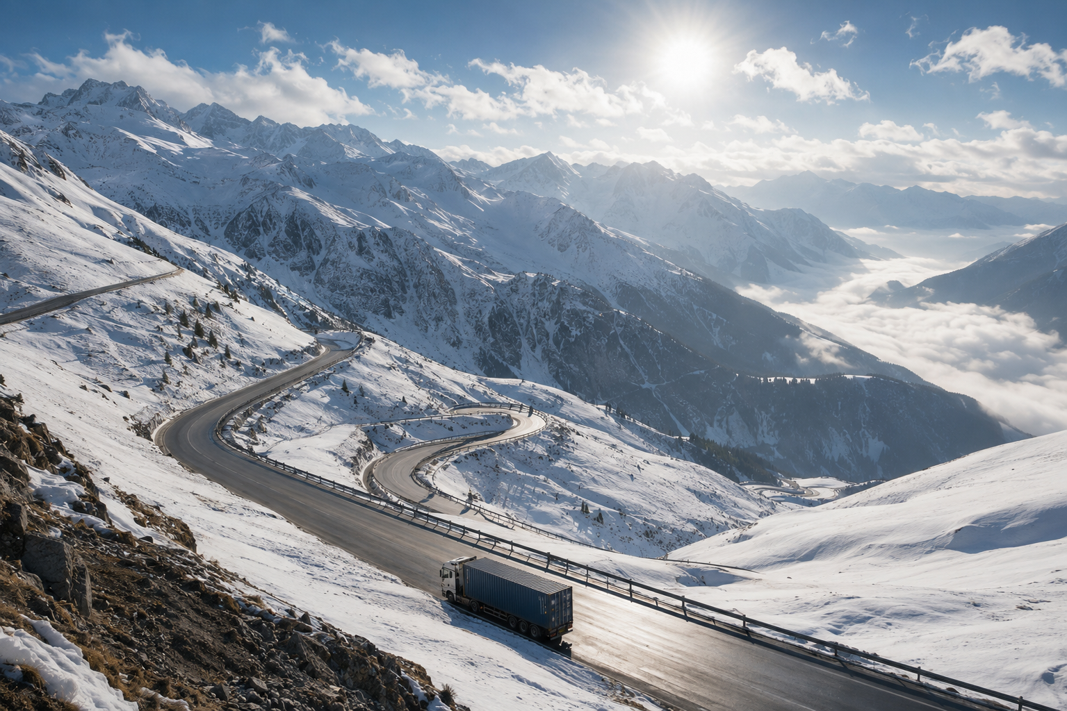 A container semi-truck driving along a winding mountain road surrounded by snow-covered peaks.