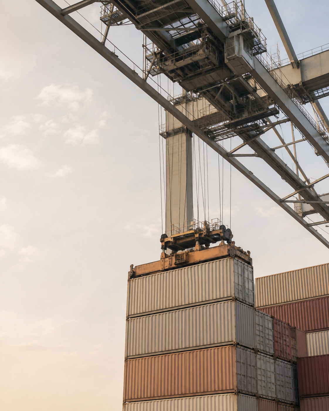 A port gantry crane mechanism lifting a shipping container from stacked containers at a terminal.