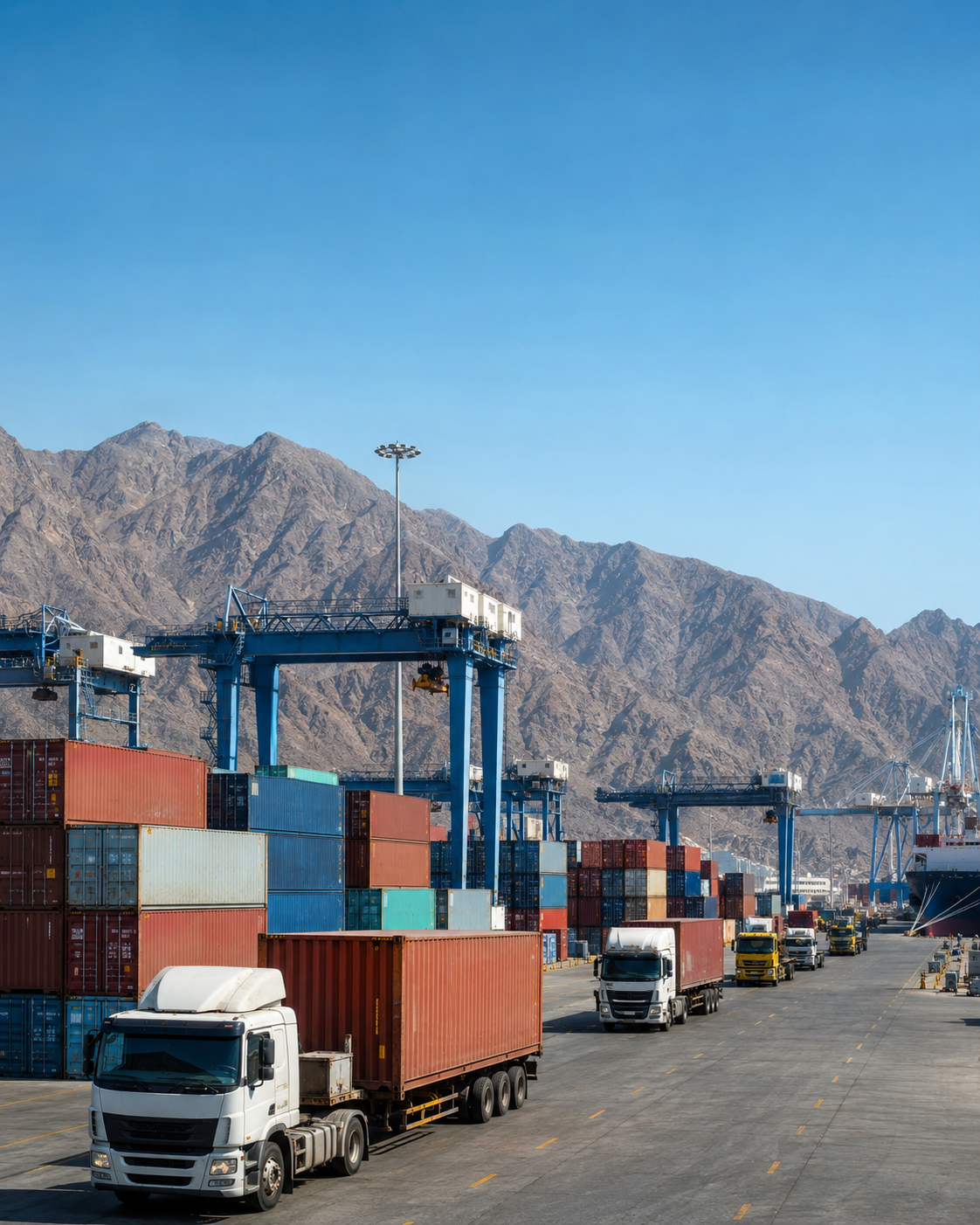 A busy container port terminal featuring semi-trailer trucks hauling shipping containers alongside large gantry cranes against a mountain backdrop.