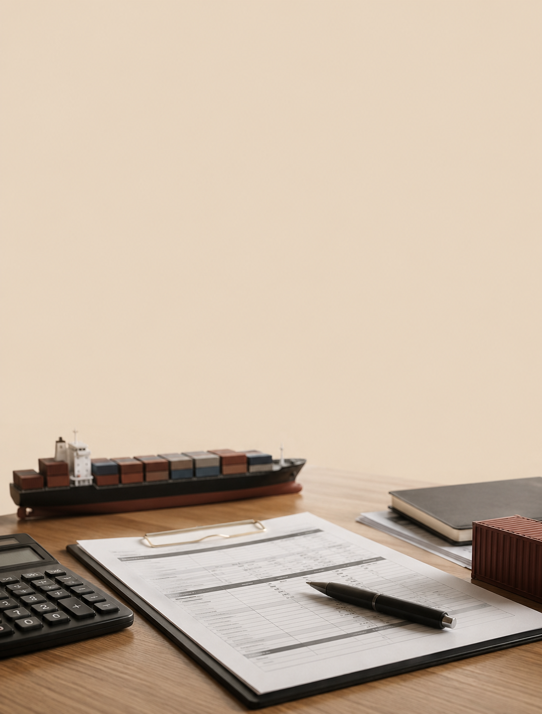 A wooden desk setup featuring customs shipping documents on a clipboard, a pen, a calculator, and miniature models of a container ship and shipping container.