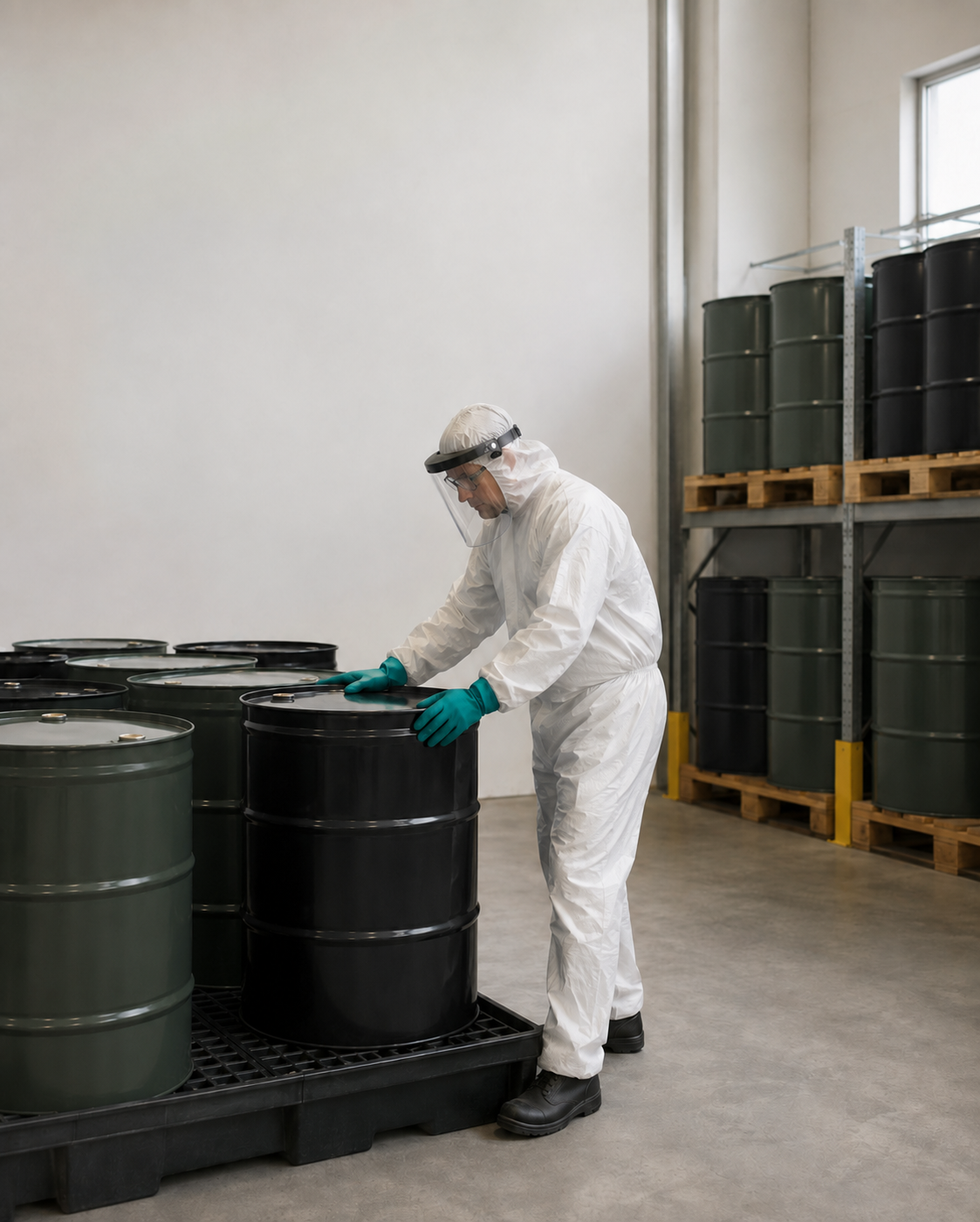 A worker in a protective hazmat suit and face shield inspects industrial chemical drums stored in a warehouse.