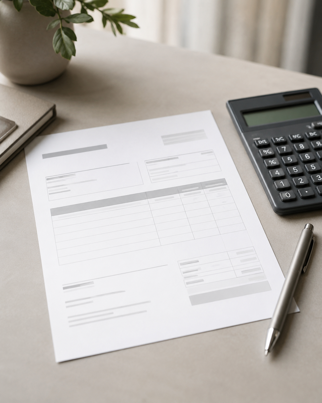 A desk setup featuring a formal customs or shipping document accompanied by a calculator, pen, and notebook.
