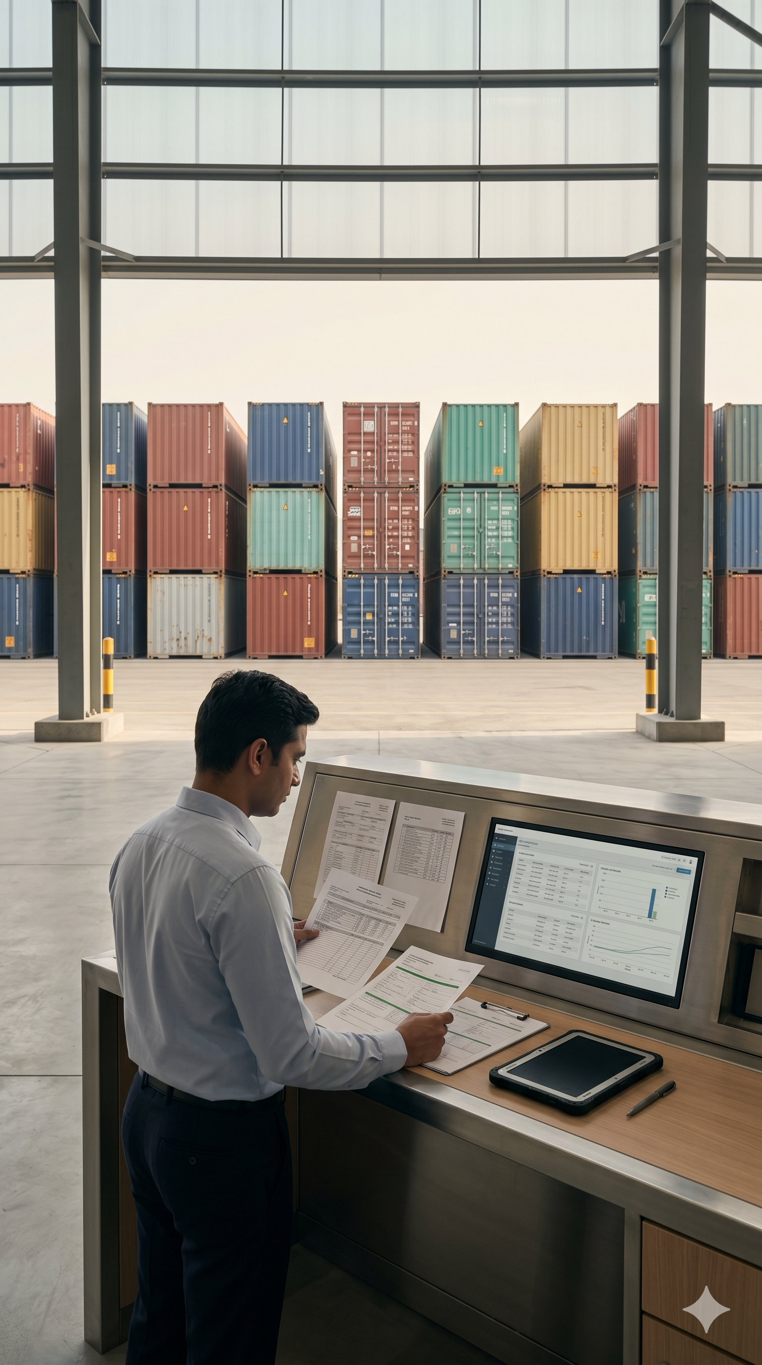 A logistics specialist reviews manifest documents and digital dashboards at an open terminal office overlooking stacked shipping containers.