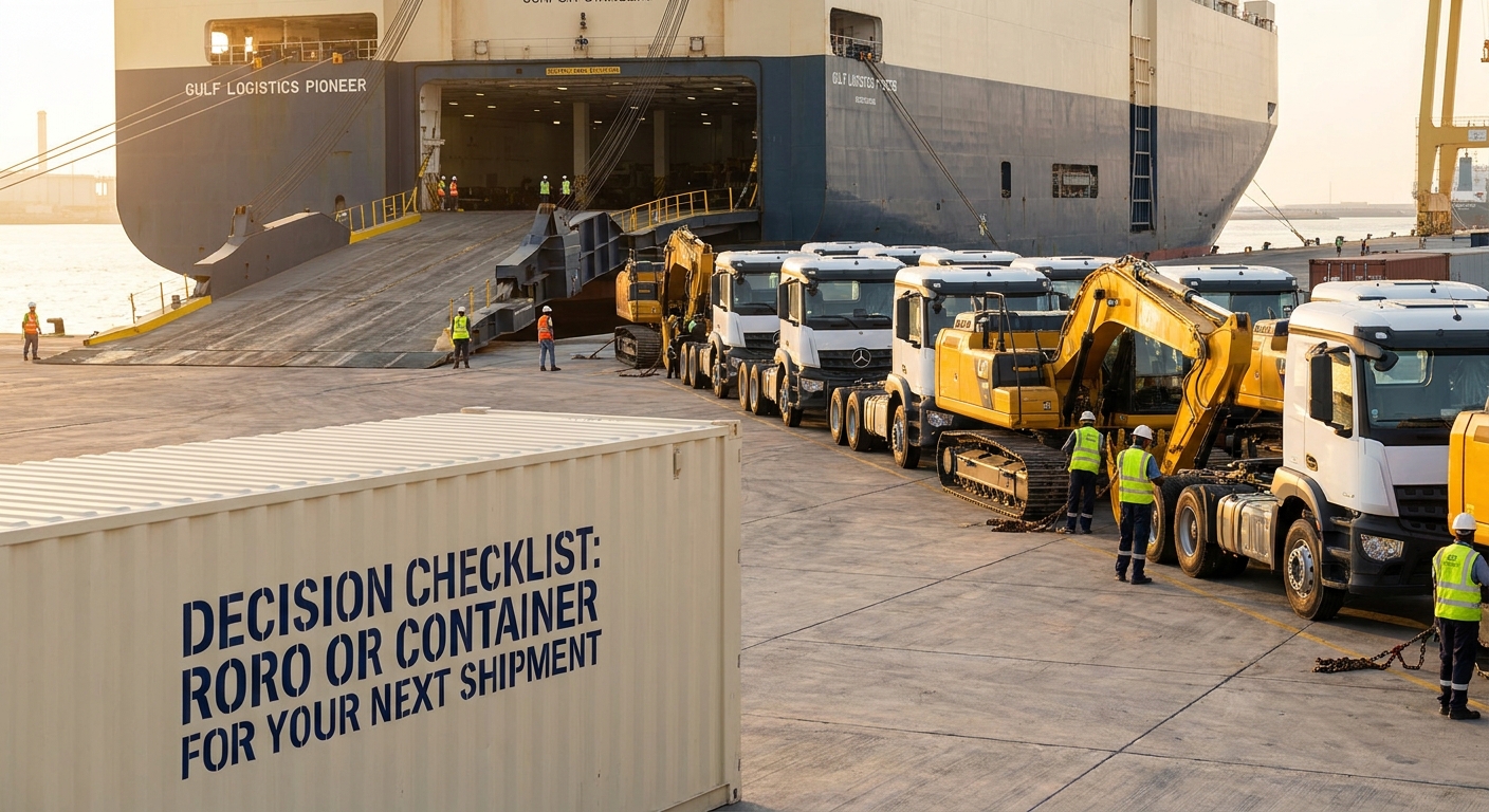 Operational documentary view of decision checklist: roro or container for your next shipment in UAE logistics corridor