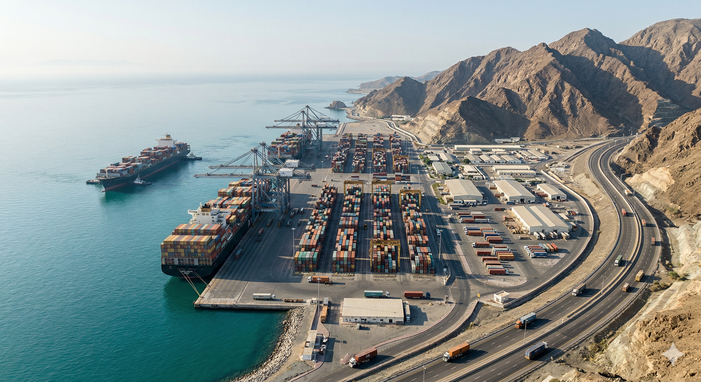 Aerial view of a coastal container port with cargo ships, cranes, container stacks, and adjacent highway transportation.