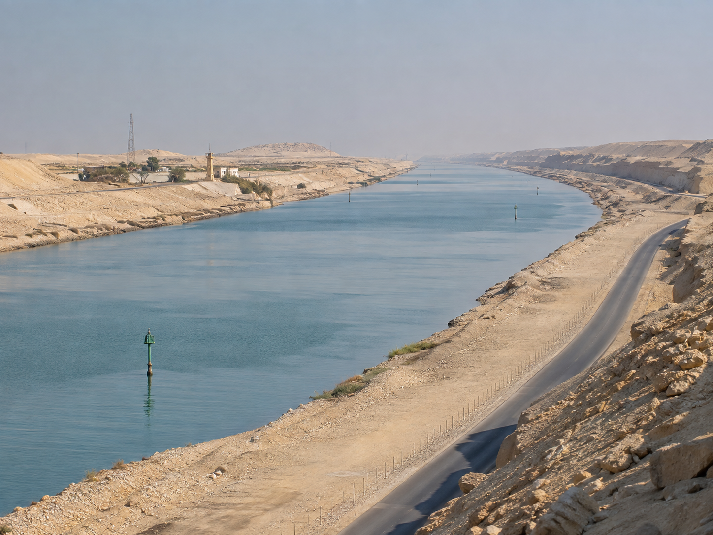 A high-angle photograph of a major shipping canal cutting through a desert landscape with navigation markers in the water.