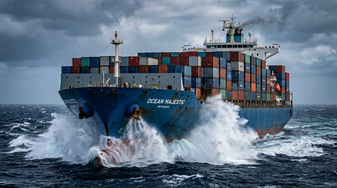 A large container ship named OCEAN MAJESTIC cuts through heavy ocean waves while transporting stacked cargo containers across the sea.