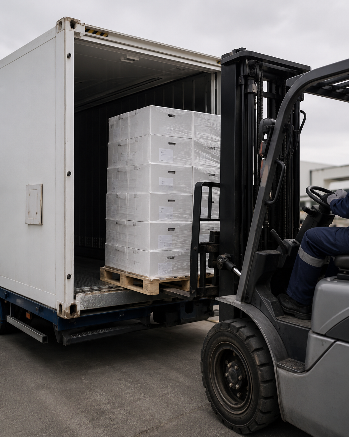 A forklift operator loading a stretch-wrapped pallet of boxed cargo into the back of a refrigerated truck container.