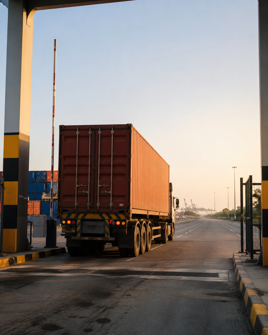 A container truck carrying a red shipping container passes through a port gate checkpoint at sunset.