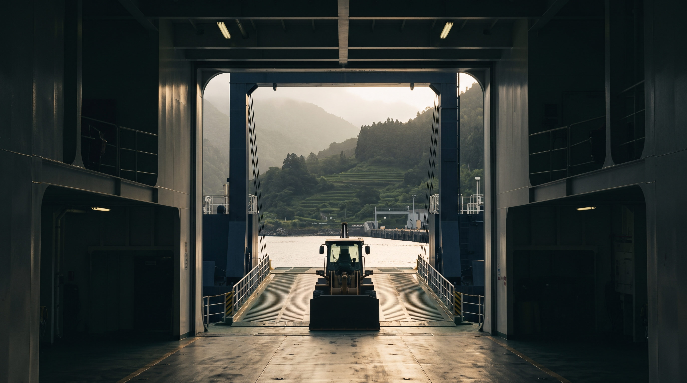 Heavy equipment driving onto RoRo vessel ramp