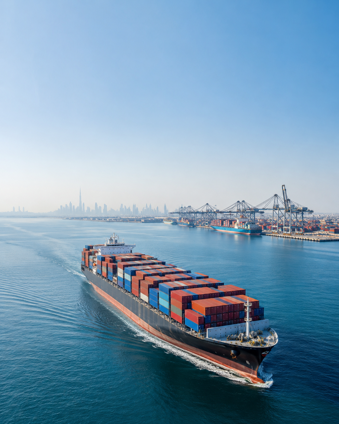 A large container ship heavily loaded with cargo containers sails along the coast near a bustling port terminal with the Dubai skyline visible in the background.