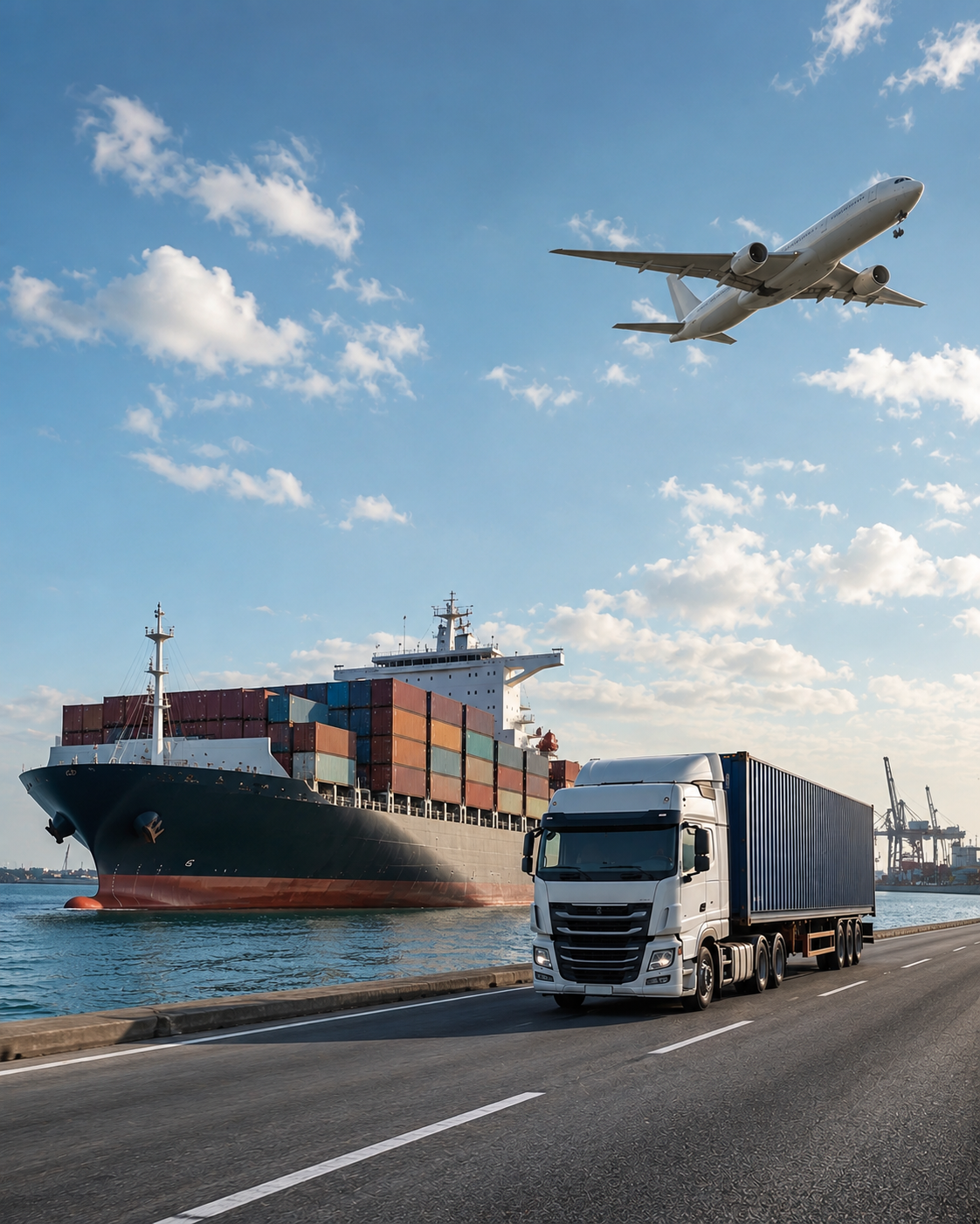 A composite image depicting multimodal freight transport featuring a container truck on a coastal road alongside a container cargo ship with an airplane flying above.