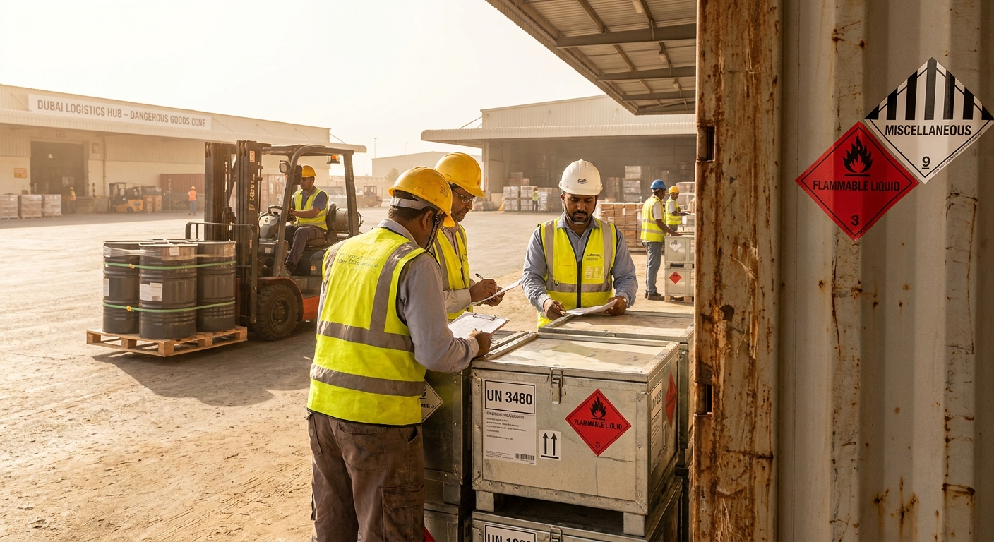 Operational documentary view of how to ship dangerous goods internationally step by step in UAE logistics corridor