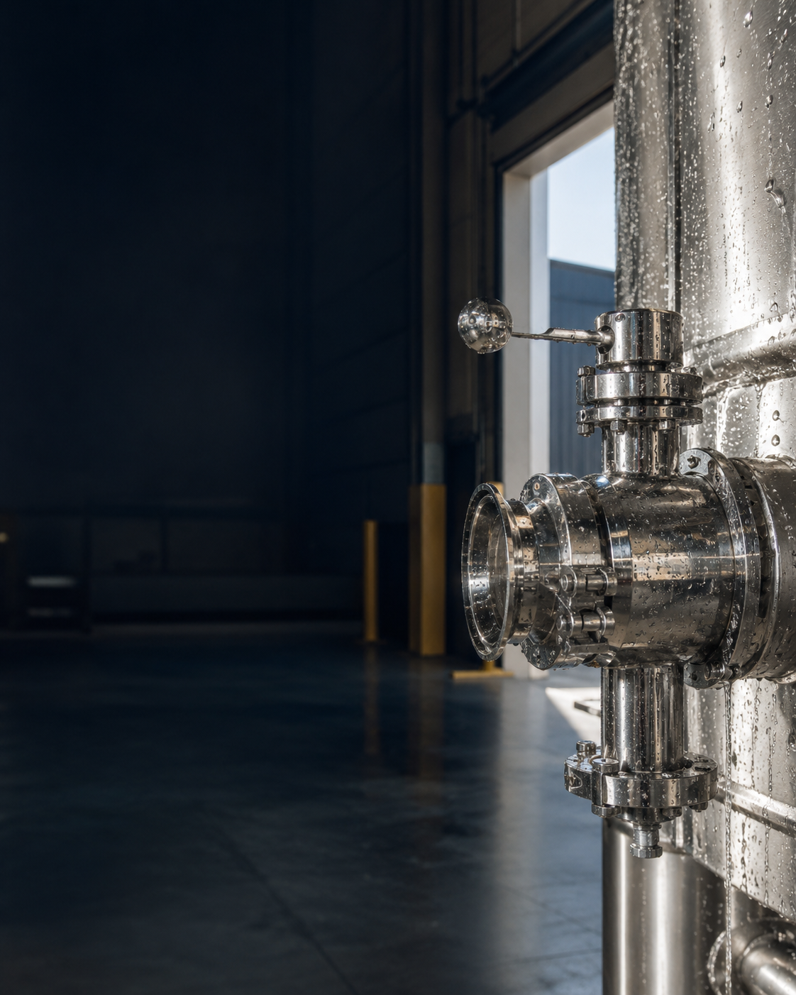 A close-up view of a stainless steel valve and discharge fitting with water droplets on a tank container near a warehouse entrance.