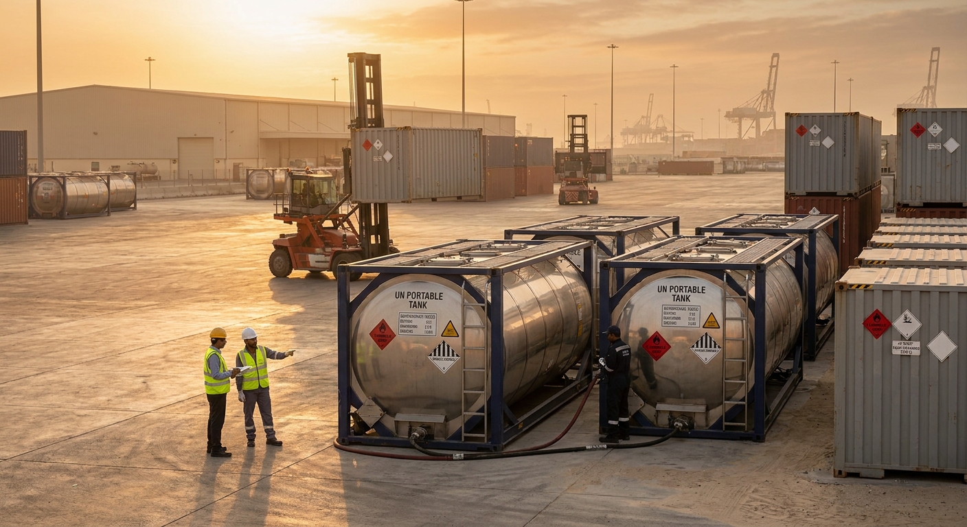 Operational documentary view of iso tank container faq: capacity, cleaning, and reuse in UAE logistics corridor