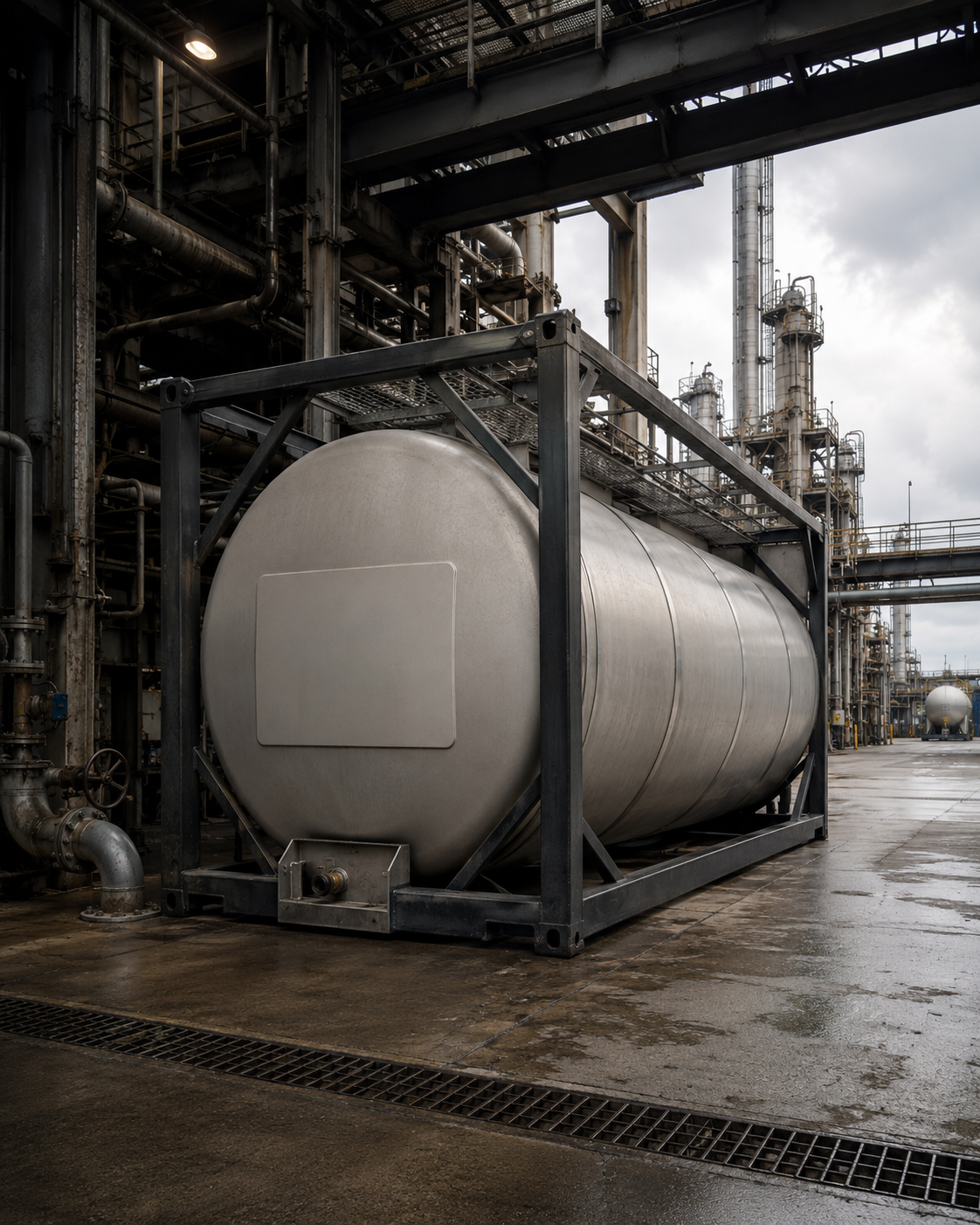 A stainless steel ISO tank container situated within an industrial refinery or chemical facility.