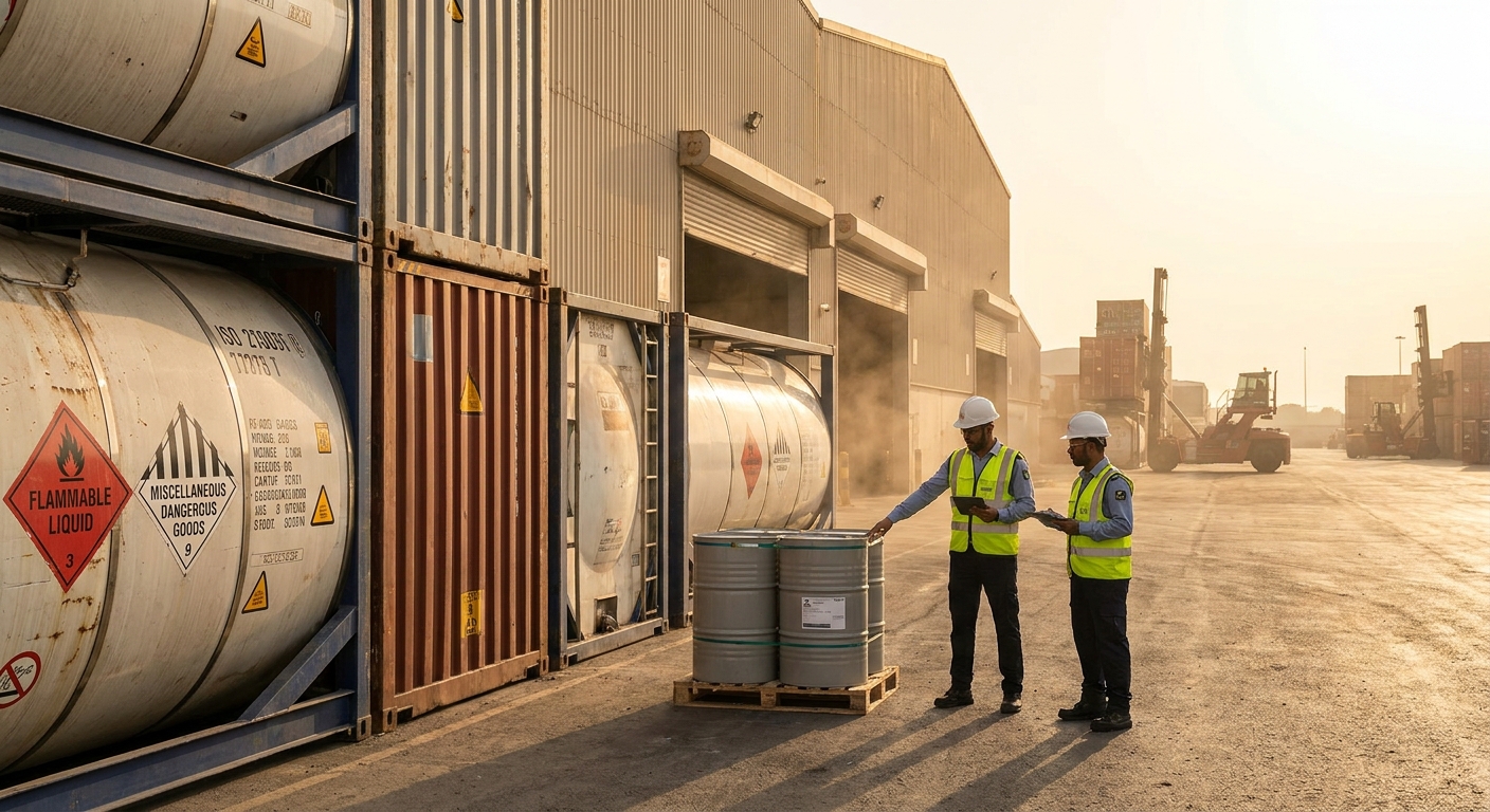 Operational documentary view of iso tank container safety regulations and certification requirements in UAE logistics corridor