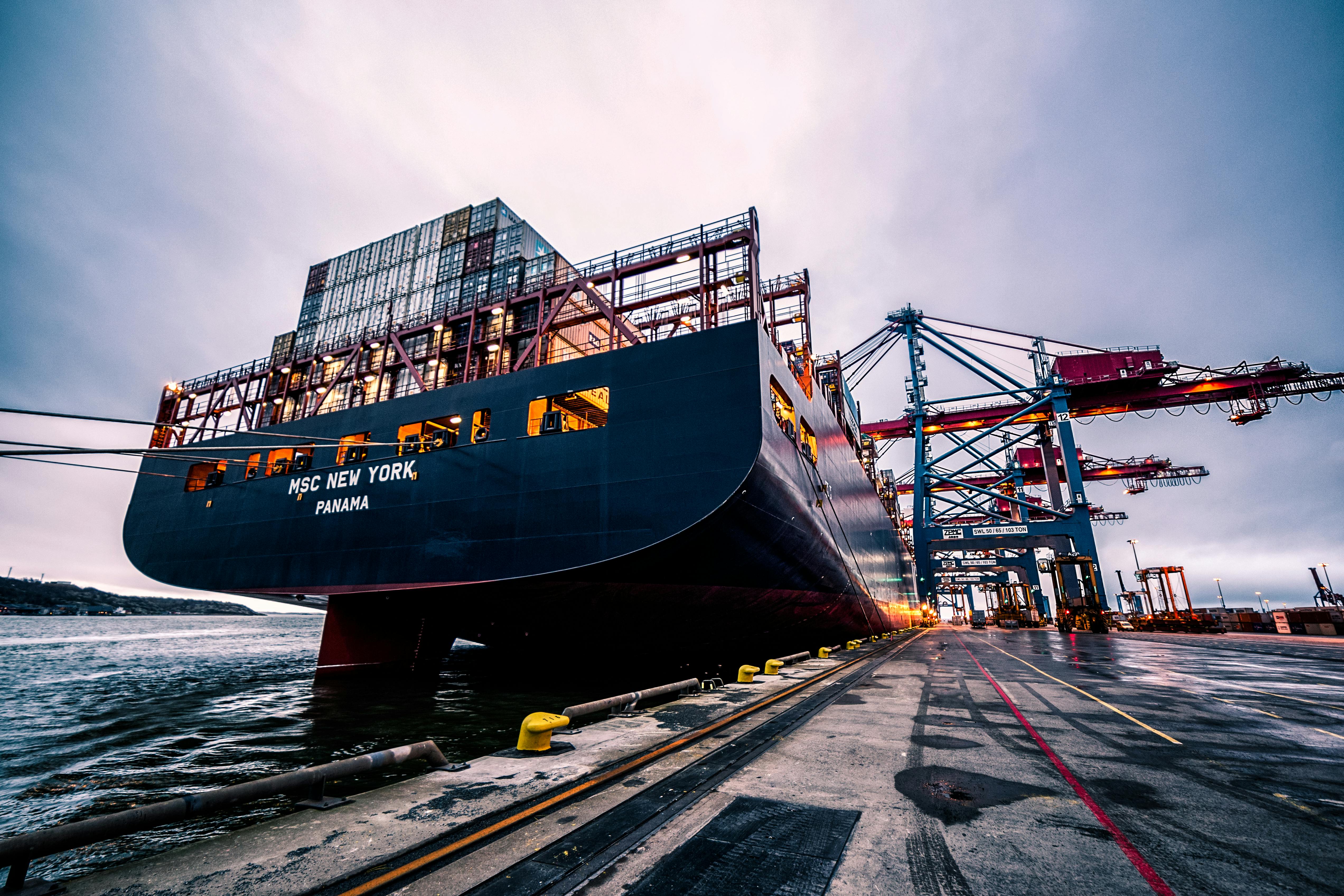 A large container vessel named MSC NEW YORK docked at a commercial port terminal beside quay cranes.