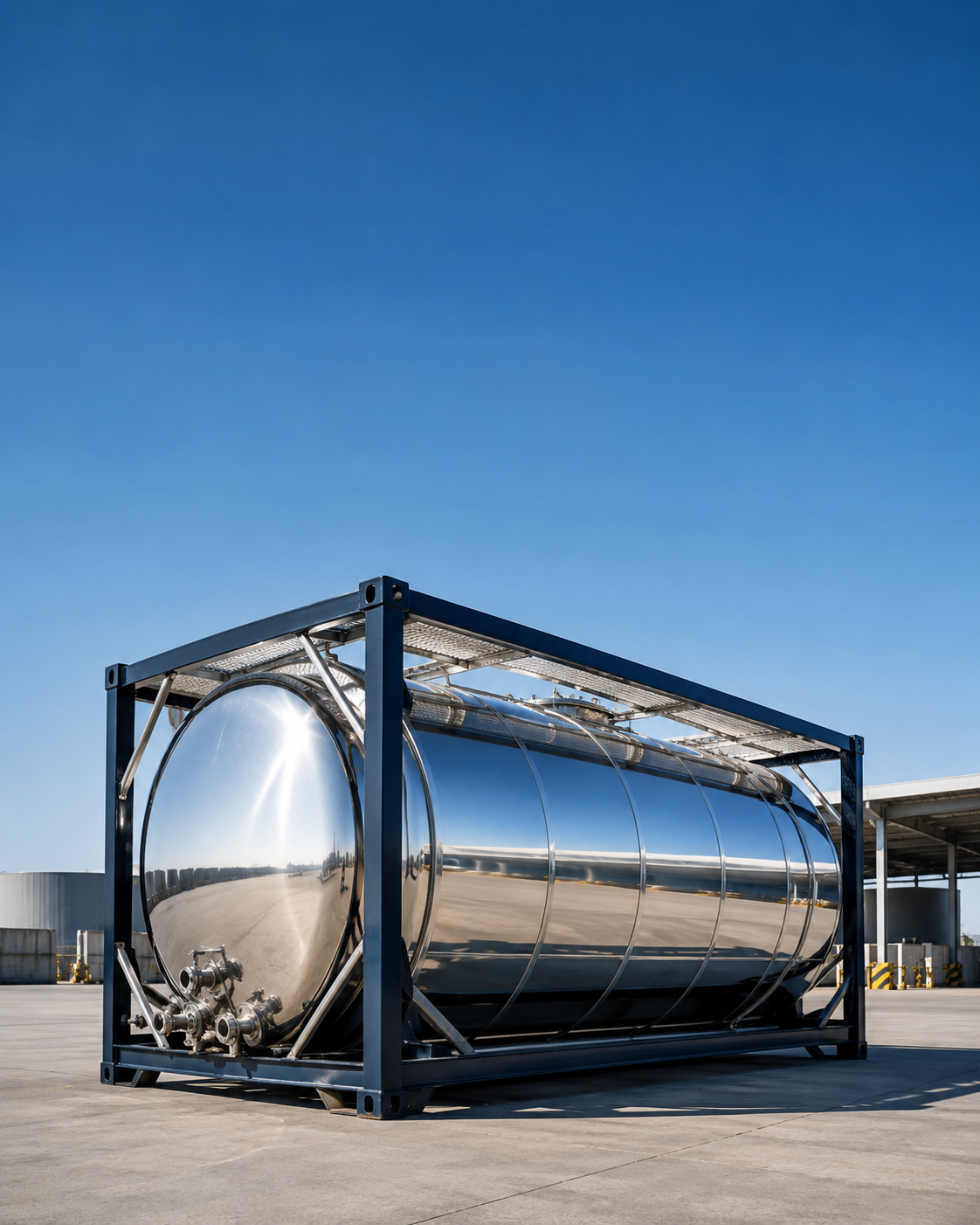 A shiny stainless steel ISO tank container housed within a dark metal frame resting on a paved logistics depot floor under a clear blue sky.