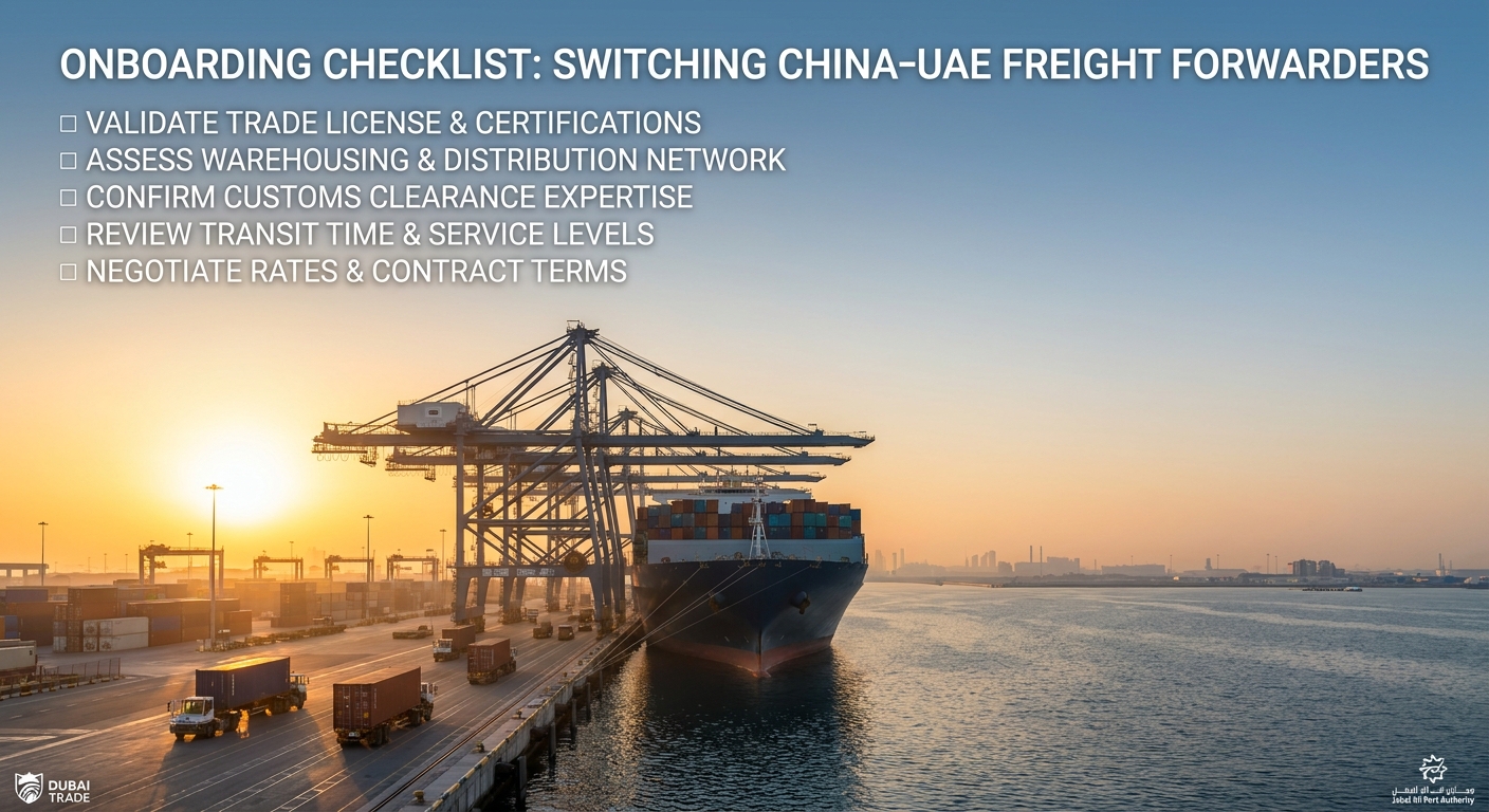 Operational documentary view of onboarding checklist for switching china–uae freight forwarders in UAE logistics corridor