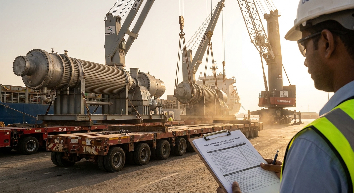 Operational documentary view of project cargo pre-shipment documentation checklist in UAE logistics corridor